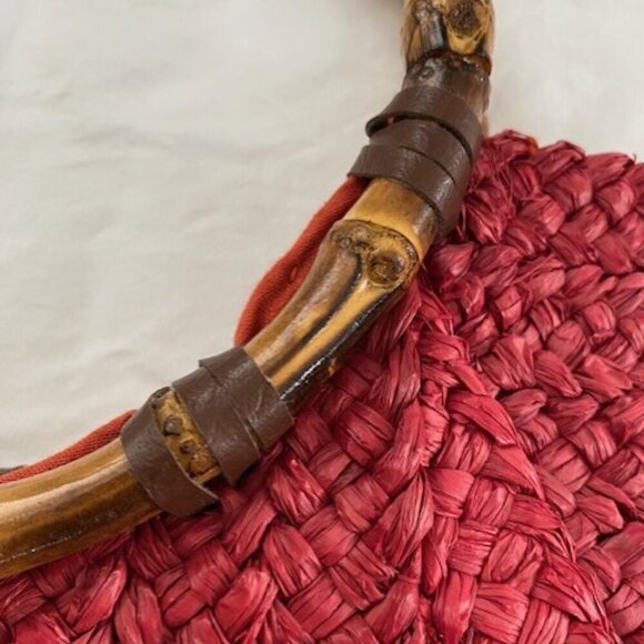 Vintage Large Red Woven Wicker Bamboo Handle Beach Bag Handbag Purse - Picture 14 of 15